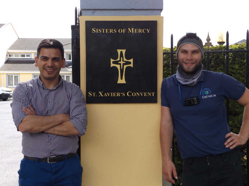 The Cellnet crew at the gate of St. Xavier's Convent, Ennis, after installing a full broadband system in the building.