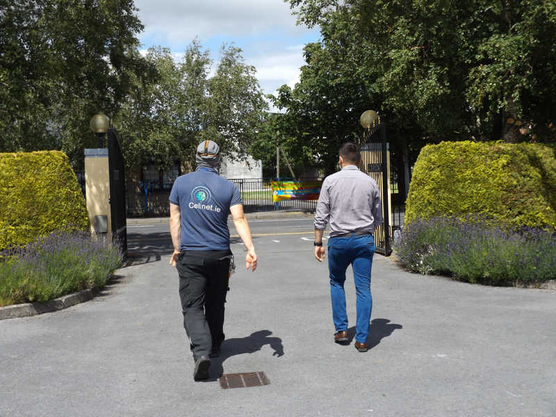 The Cellnet crew head out the gates of St. Xavier's Convent, Ennis, after installing a full broadband system in the building.